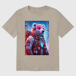 Футболка оверсайз мужская Кибер мишка - киберпанк нейроарт, цвет: миндальный