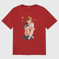 Футболка оверсайз мужская Белый хомяк и счастливая девушка, цвет: красный