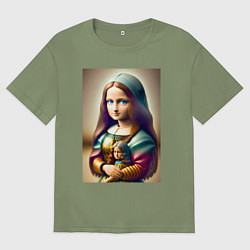 Мужская футболка оверсайз Маленькая Мона Лиза в детстве с куклой - нейроарт