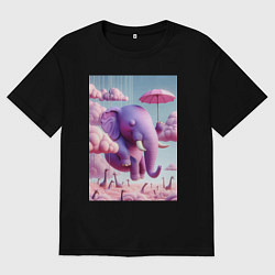 Мужская футболка оверсайз Розовый слон под зонтом в облаках