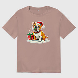 Мужская футболка оверсайз Новогодний бульдог с игрушкой
