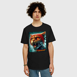 Футболка оверсайз мужская Super cyber red cat - ai art fantasy, цвет: черный — фото 2