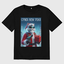 Футболка оверсайз мужская Кот с пистолетом и подарком, цвет: черный