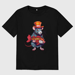 Футболка оверсайз мужская Крыса с рыбой в японском стиле, цвет: черный