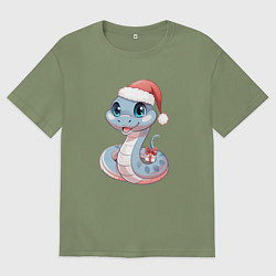 Футболка оверсайз мужская Голубая новогодняя змея с подарком, цвет: авокадо