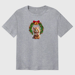 Мужская футболка оверсайз Новогодний котик с рождественским венком