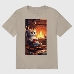 Мужская футболка оверсайз Уютный кот у камина с чашкой какао