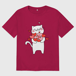 Мужская футболка оверсайз Белый кот с охапкой сердец