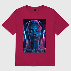 Футболка оверсайз мужская Девушка с наушниками в неоне, цвет: маджента