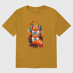 Мужская футболка оверсайз Лисы и осенний пейзаж