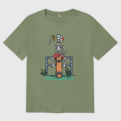 Мужская футболка оверсайз Скелетик скейтер с пиццей