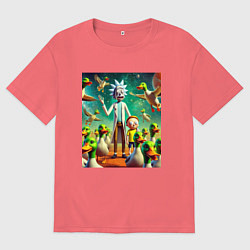 Футболка оверсайз мужская Рик и Морти среди уток - нейроарт, цвет: коралловый