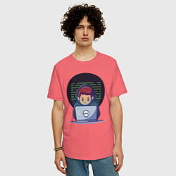 Футболка оверсайз мужская Хакер с ноутбуком, цвет: коралловый — фото 2