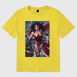 Футболка оверсайз мужская Чудо-женщина на крыше с городским фоном, цвет: желтый