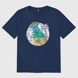 Футболка оверсайз мужская Летающая тарелка на пляже, цвет: тёмно-синий