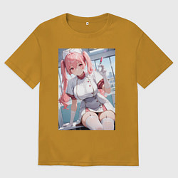 Футболка оверсайз мужская Медсестричка сделает тебе укол любви - пышная аним, цвет: горчичный