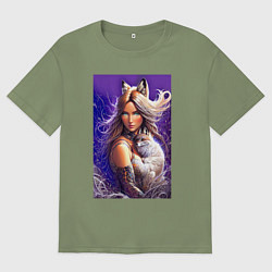 Мужская футболка оверсайз Девушка-лиса с лисёнком нейроарт