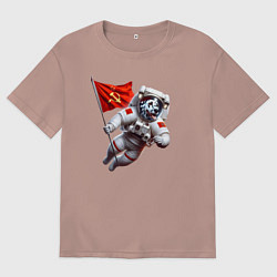 Мужская футболка оверсайз Далматинец космонавт с красным флагом СССР
