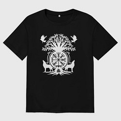 Мужская футболка оверсайз Мистические спутники воина с символикой вегвизир