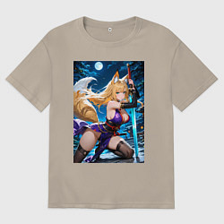 Футболка оверсайз мужская Лисица с катаной на фоне полной Луны, цвет: миндальный