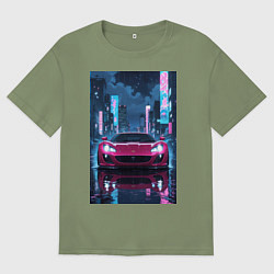 Футболка оверсайз мужская Вишневый спорткар по мокрой дороге, цвет: авокадо