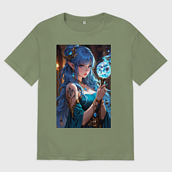 Футболка оверсайз мужская Прекрасная эльийка-маг с посохом, цвет: авокадо