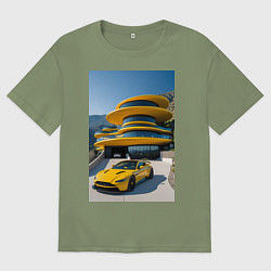 Футболка оверсайз мужская Желтый суперкар у дома, цвет: авокадо