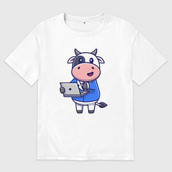 Мужская футболка оверсайз Коровка с ноутбуком