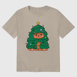 Футболка оверсайз мужская Новогодняя котоелка, цвет: миндальный