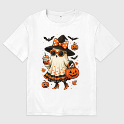 Футболка оверсайз мужская Модное привидение с кофе на хэллоуин, цвет: белый