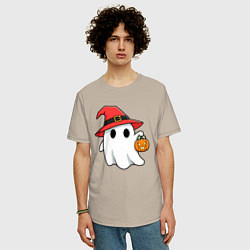 Футболка оверсайз мужская Призрак в красной шляпе, цвет: миндальный — фото 2