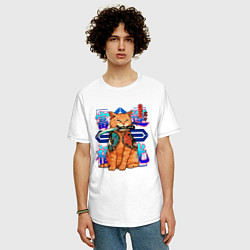 Футболка оверсайз мужская Татуха с котом якудза с мечом катана киберпанк, цвет: белый — фото 2