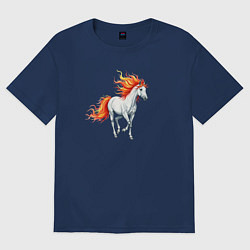 Футболка оверсайз мужская Белая лошадь с огненной гривой, цвет: тёмно-синий