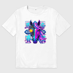 Футболка оверсайз мужская Киберпанк лошадь с неоновыми иероглифами, цвет: белый