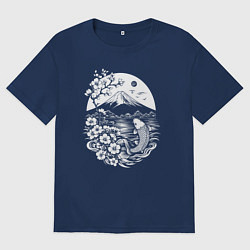 Футболка оверсайз мужская Сакура, Фудзи и карп кои, цвет: тёмно-синий