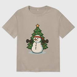 Футболка оверсайз мужская Снеговик с гирями, цвет: миндальный