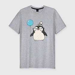 Мужская slim-футболка Пингвин-мальчик с шариком