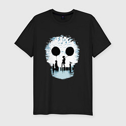 Мужская slim-футболка Иллюзия - девушка и юноша держат глаза Skull