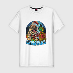 Мужская slim-футболка Рождественский мопс