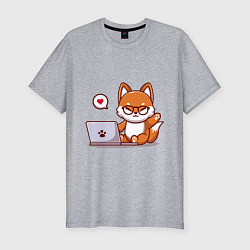 Мужская slim-футболка Cute fox and laptop