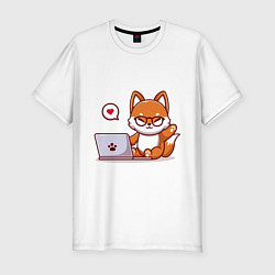 Футболка slim-fit Cute fox and laptop, цвет: белый