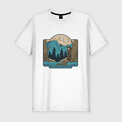 Мужская slim-футболка Пейзаж дикого леса с медведем