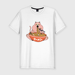 Мужская slim-футболка Толстый кот ест лапшу рамен