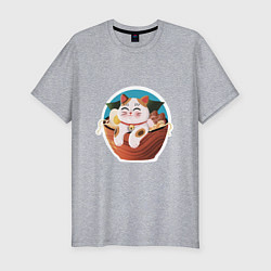 Мужская slim-футболка Кот в миске с лапшой