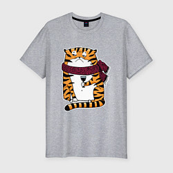 Мужская slim-футболка Недовольный тигр с бокалом вина