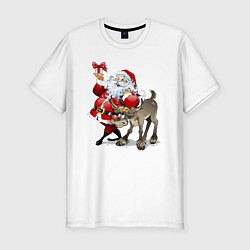 Мужская slim-футболка Прикольный дедуля с подарком и олень