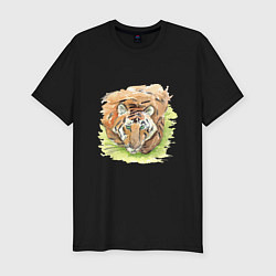 Мужская slim-футболка Портрет тигра с зелёными глазами