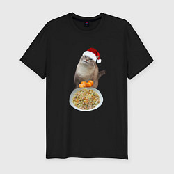 Мужская slim-футболка Новогодний кот и оливье
