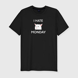 Мужская slim-футболка I hate monday текст с котом