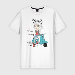 Мужская slim-футболка Девчонка на скутере с котом